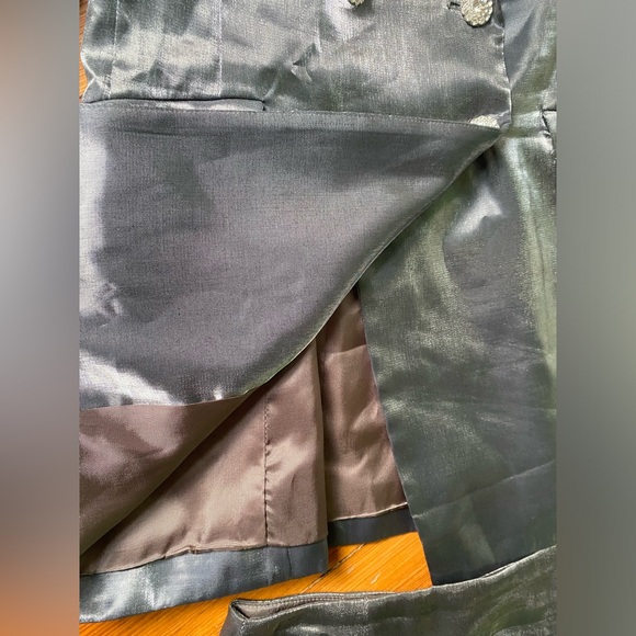 Vtg 90s Cache cosmic metallic silver gray Satin Blazer cutout back Skirt Set - Picture 5 of 14